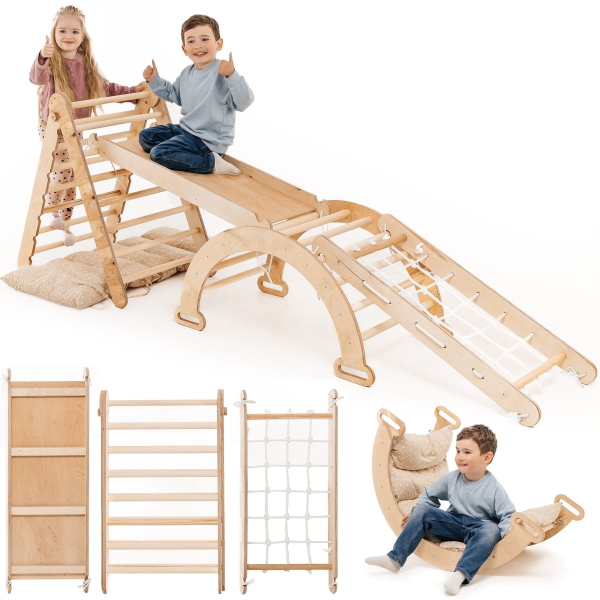 5in1 Montessori Climbing Frame Set: Triangle Ladder + Arch/Rocker + Slide Board/Ramp + Netting rope + Cushion - SKU: 5MCS-TRIA-NET-CUSH-CA