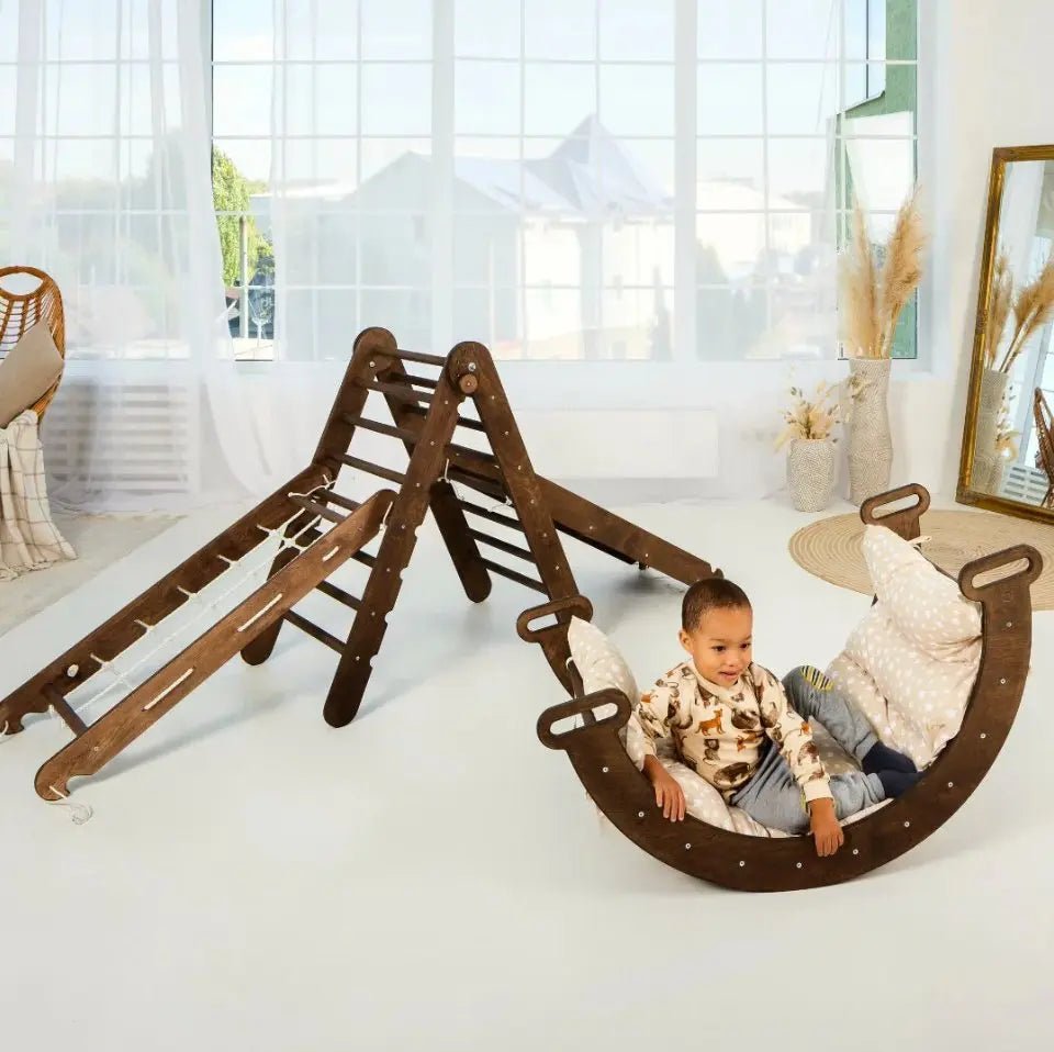 5in1 Montessori Climbing Frame Set: Triangle Ladder + Arch/Rocker + Slide Board/Ramp + Netting rope + Cushion - SKU: 5MCS-TRIA-NET-CUSH-CA