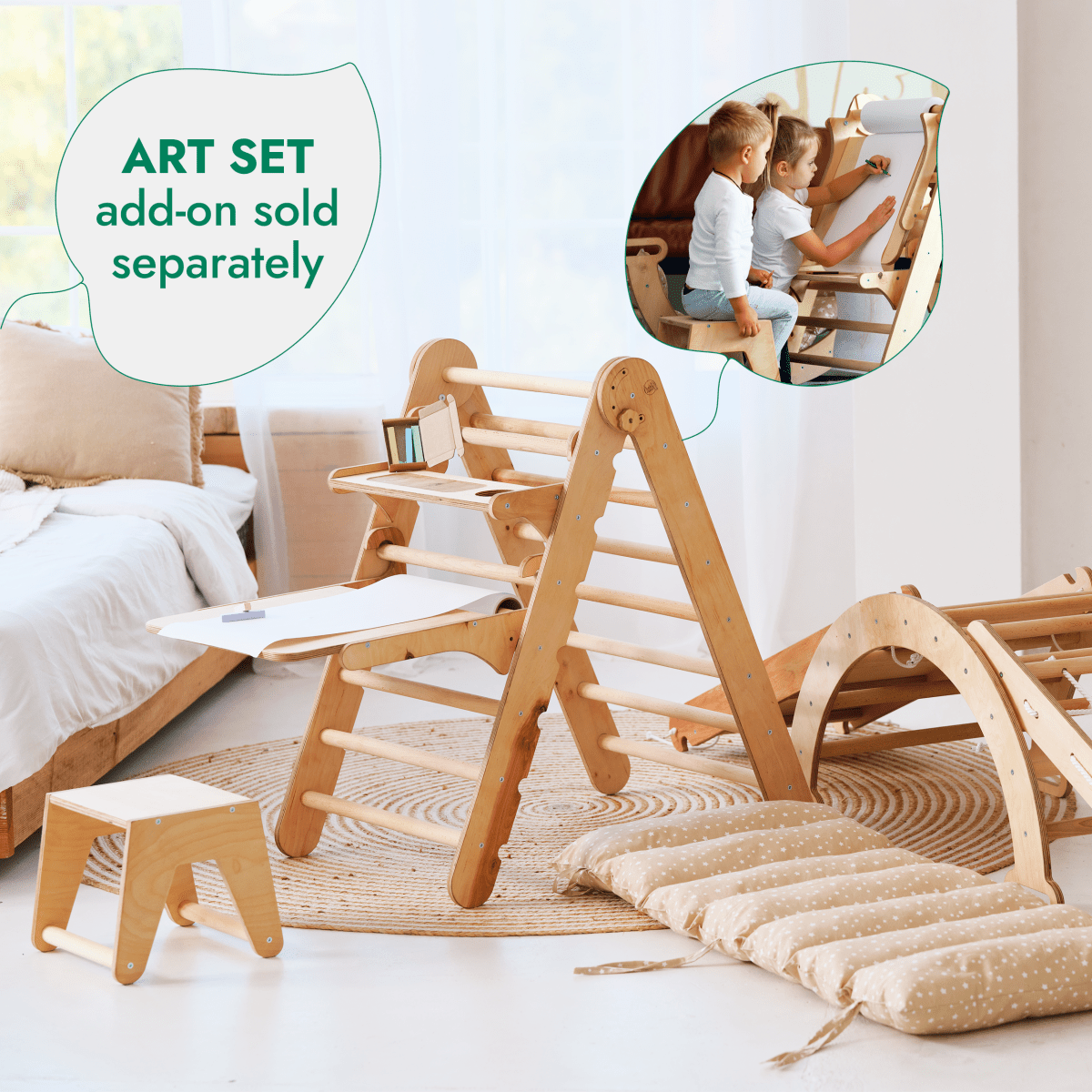 5in1 Montessori Climbing Frame Set: Triangle Ladder + Arch/Rocker + Slide Board/Ramp + Netting rope + Cushion - SKU: 5MCS-TRIA-NET-CUSH-CA