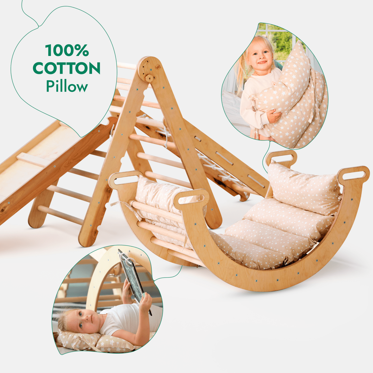 5in1 Montessori Climbing Frame Set: Triangle Ladder + Arch/Rocker + Slide Board/Ramp + Netting rope + Cushion - SKU: 5MCS-TRIA-NET-CUSH-CA
