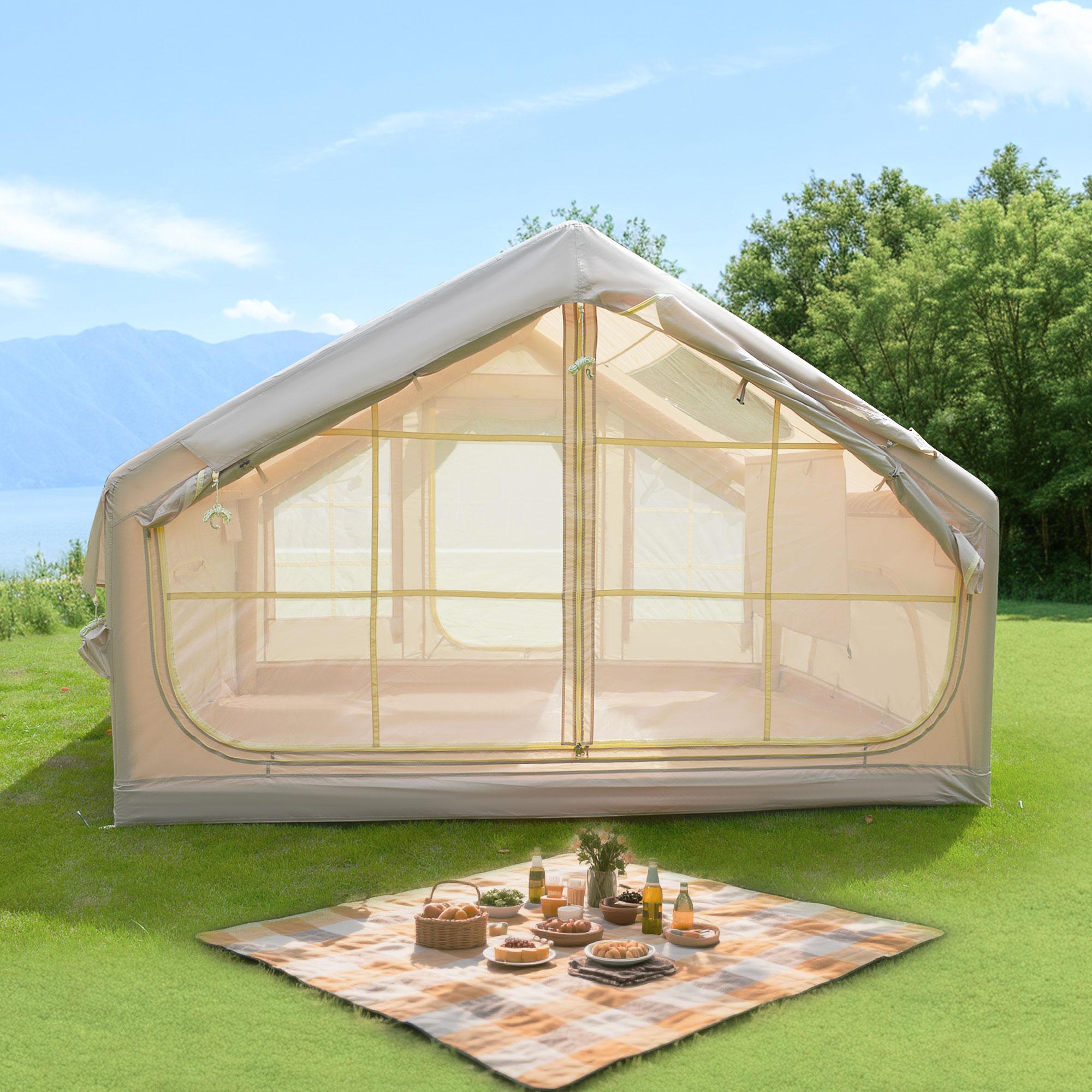 Inflatable 4-Season Camping Tent with Extended Awning, Waterproof Family Tent with Clear Skylight, 118″ L x 82.5″ W x 78.5″ H - Beige (2)