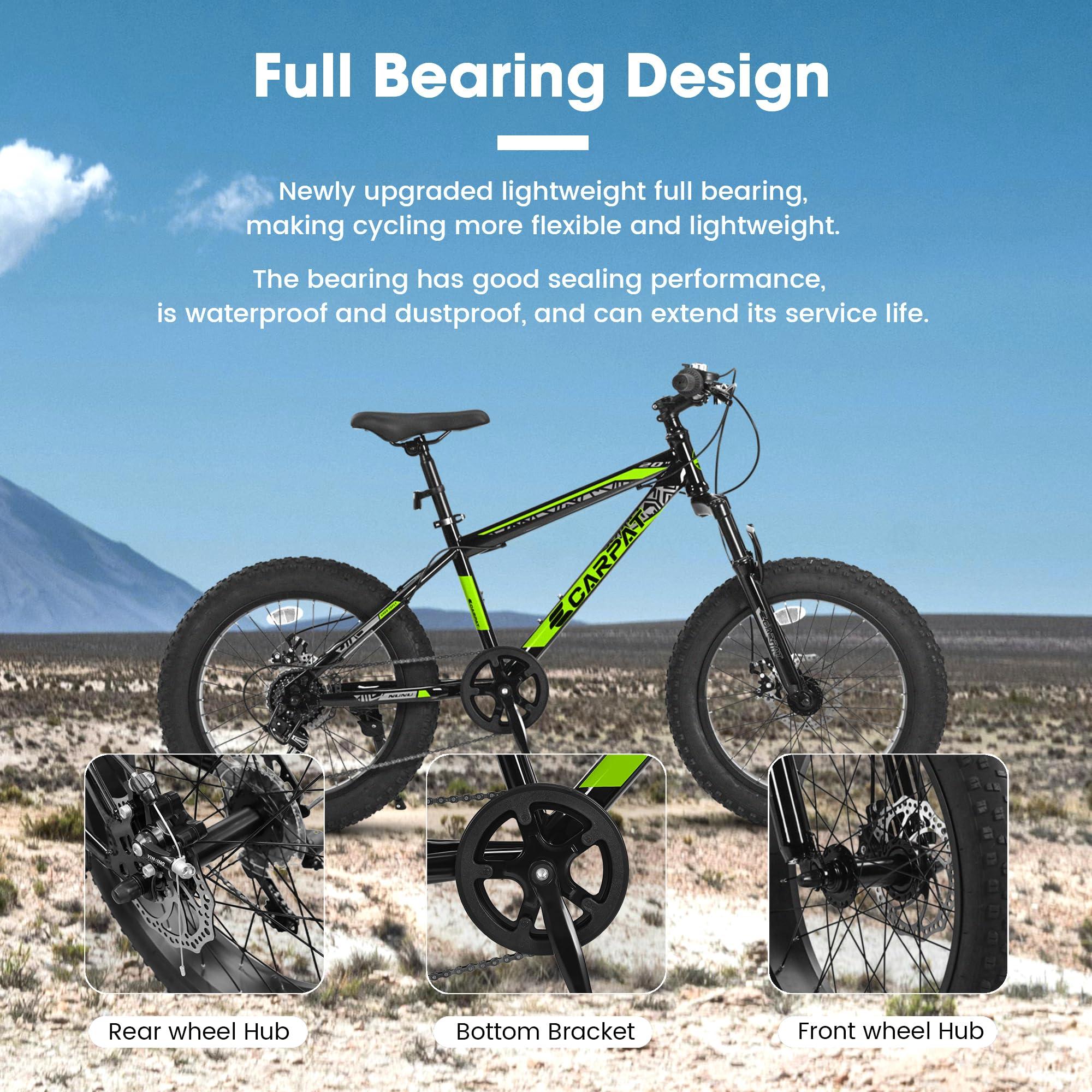 20\\" Kids\' Fat Tire Mountain Bike with 7-Speed Drivetrain, and Shock-Absorbing Front Fork, for Ages 8-12, 63\\" L x 24.5\\" W x 35\\" H, Blackish Green