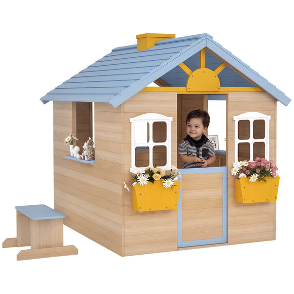 Outsunny Wooden Playhouse for Kids Outdoor Garden with Working Door, Windows, Bench, Service Station, Flowers Pot Holder