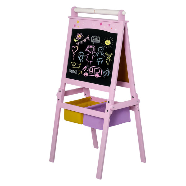 Qaba 3 In 1 Kids Wooden Art Easel with Paper Roll, Double-Sided, Chalkboard & Whiteboard, Storage Baskets