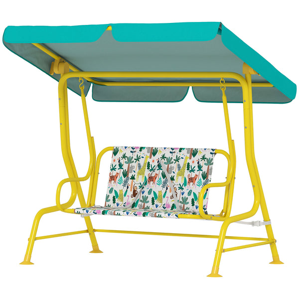 Qaba Kids Porch Swing, 2-Seater Patio Swing Bench with Safety Belts, Adjustable Canopy for Backyard, Garden