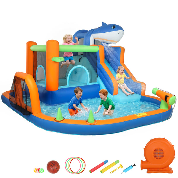 Qaba Inflatable Bounce House for Kids, Sharks Theme Jumping Bouncy Castle with Slide and Pool for Indoor Outdoor
