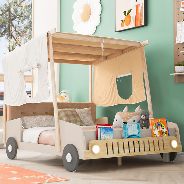 Wood Full Size Car Bed with Pillow, Ceiling Cloth, LED Lights, and Magazine Holder, 79" L x 57.5" W x 62" H