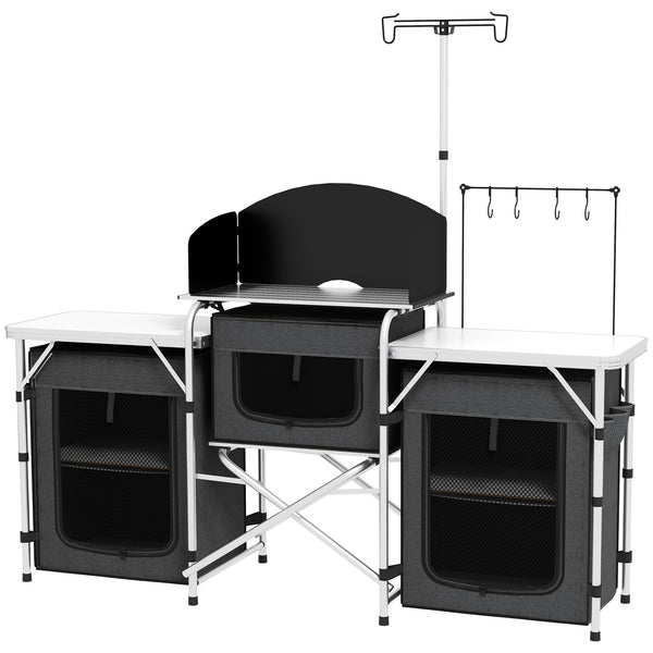 Outsunny Aluminum Camping Kitchen, Portable Folding Camping Table with Fabric Cupboards, Windshield, Bag for BBQ, Picnic