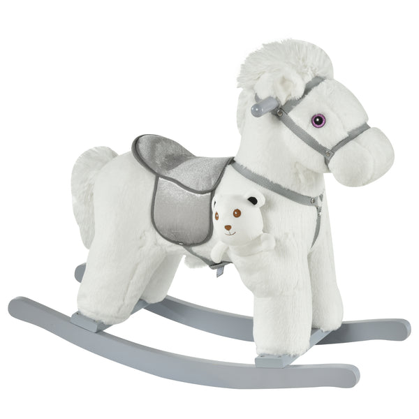 Qaba Kids Rocking Horse with Bear Toy, Plush Animal Rocker with Fun Realistic Sounds for Toddler 18-36 Months