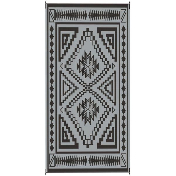 Outsunny Reversible Outdoor Rug, Waterproof Plastic Straw with Carry Bag, 9' x 18', Black & Gray Square Patchwork