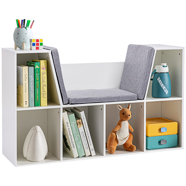 HOMCOM 6-Cubby Kids Bookcase with Reading Nook and Cushion, Multi-Purpose Storage Organizer for Bedroom, Living Room, Pure