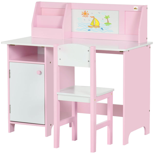 Qaba Toddler Table and Chair Set, Kids Writing Desk Homework Table with Whiteboard, Storage Cabinet