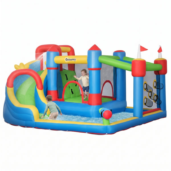 Outsunny 6-in-1 Inflatable Water Slide with Splash Pool, Slide, Climbing Wall, Water Cannon, Inflatable Bounce House for Kids with 2 Min. Inflation