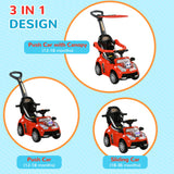 Qaba 3 in 1 Push Car Sliding Car with Removable Handle, Music, Horn, Canopy, Safety Guardrail, Red