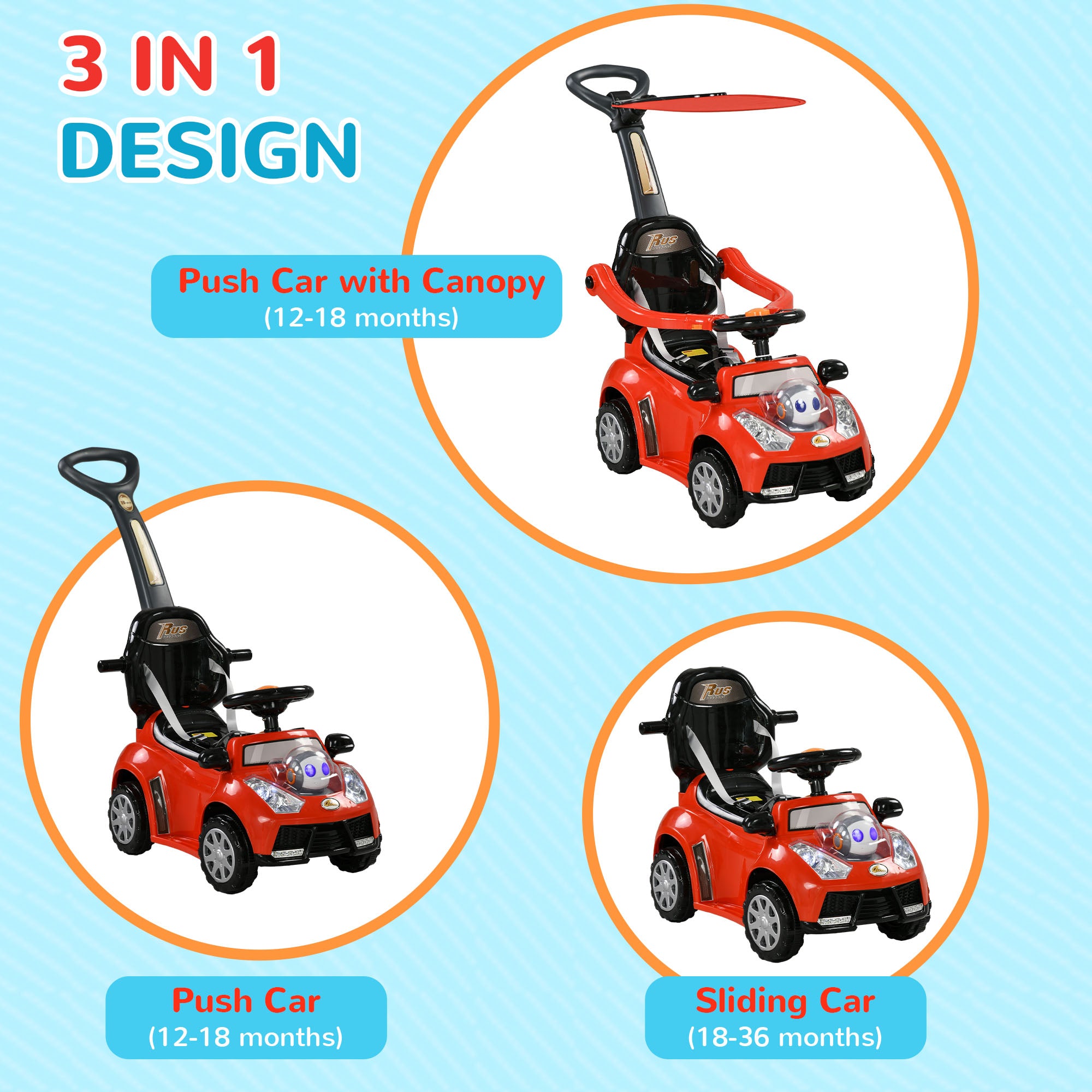 Qaba 3 in 1 Push Car Sliding Car with Removable Handle, Music, Horn, Canopy, Safety Guardrail, Red