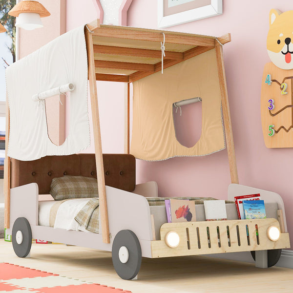 Wood Twin Size Car Bed with Pillow, Ceiling Cloth, LED Lights, and Magazine Holder, 79" L x 42.5" W x 62" H