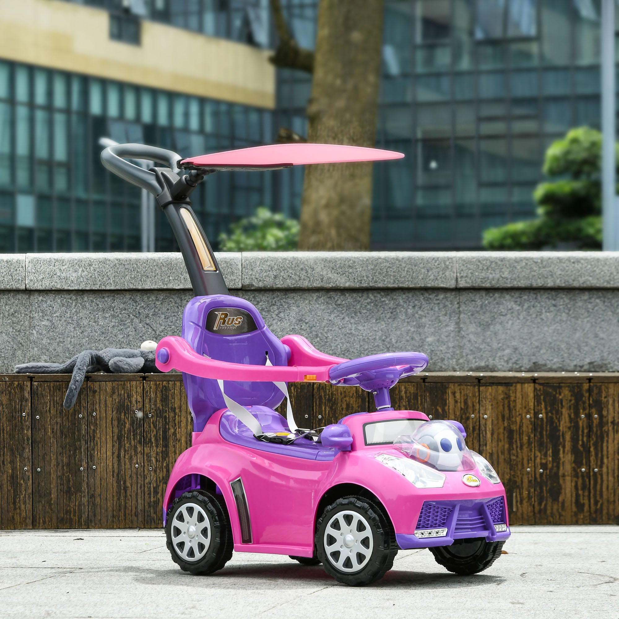 Qaba 3 in 1 Push Car Sliding Car with Removable Handle, Music, Horn, Canopy, Safety Guardrail, Pink