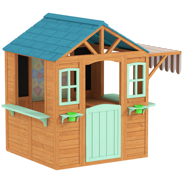 Qaba Outdoor Playhouse with Snack Bar, Half Door, Windows, Flowerpot Holders, Chalkboard, Tossing Game