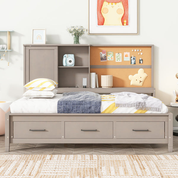 Twin Size Lounge Daybed with Storage Shelves, Cork Board, USB Ports, and 3 Drawers, 78.5" L x 50" W x 51" H, Antique