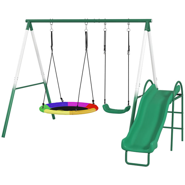 Qaba Metal Swing Set with Slide, Saucer Swing Seat, Heavy Duty A-Frame Stand and Adjustable Rope for Backyard