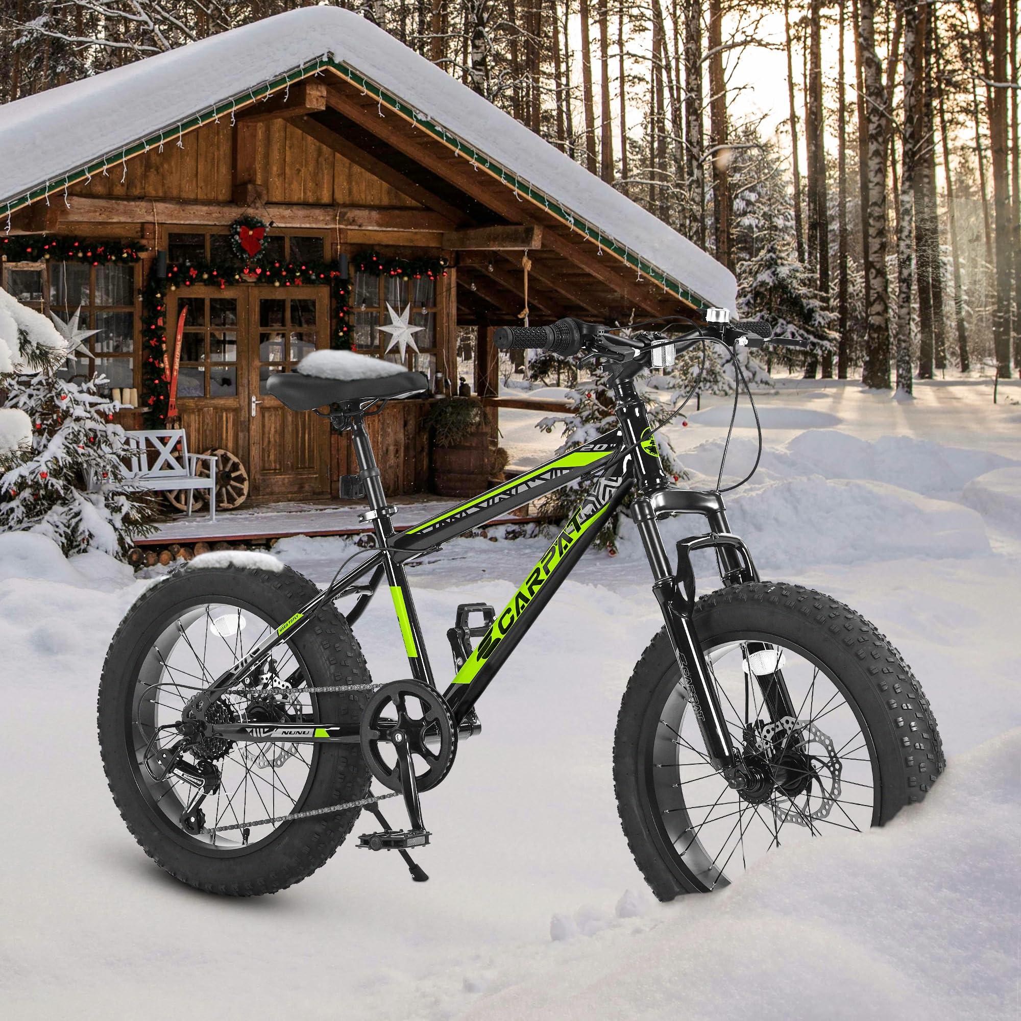 20\\" Kids\' Fat Tire Mountain Bike with 7-Speed Drivetrain, and Shock-Absorbing Front Fork, for Ages 8-12, 63\\" L x 24.5\\" W x 35\\" H, Blackish Green