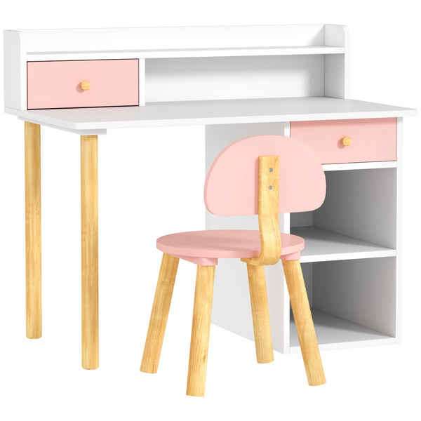 Qaba Kids Study Desk with Storage, Kids Desk and Chair Set for Bedroom & Study Room, Girls Boys Aged 3-8 Years