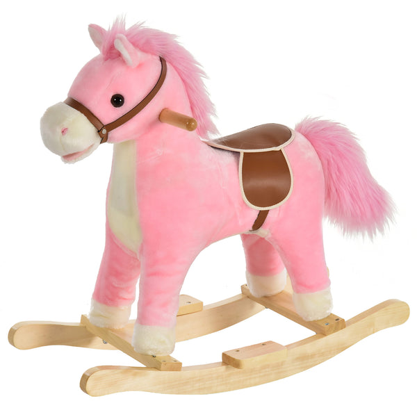 Qaba Rocking Horse Plush Animal on Wooden Rockers, Baby Rocking Chair with Sounds, Moving Mouth, Wagging Tail