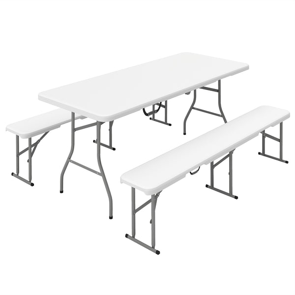 Outsunny 6FT 3 PCS Portable Camping Table and Chairs, Folding Picnic Table Bench Set with Carrying Handles for BBQ, Party