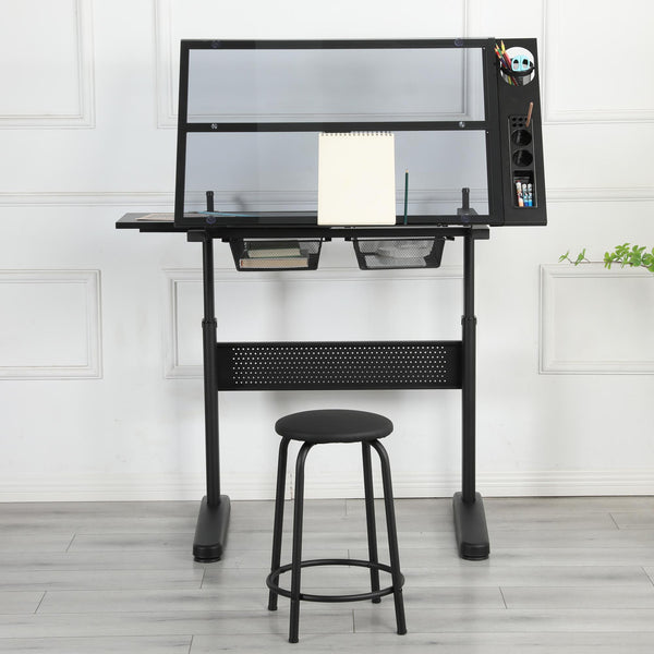 Hand-Crank Adjustable Drafting Table with 2 Drawers, Pull-Out MDF Side Shelf, Tempered Glass Top Desk for Kids, 38" L x 23.5" W x 29.5" H