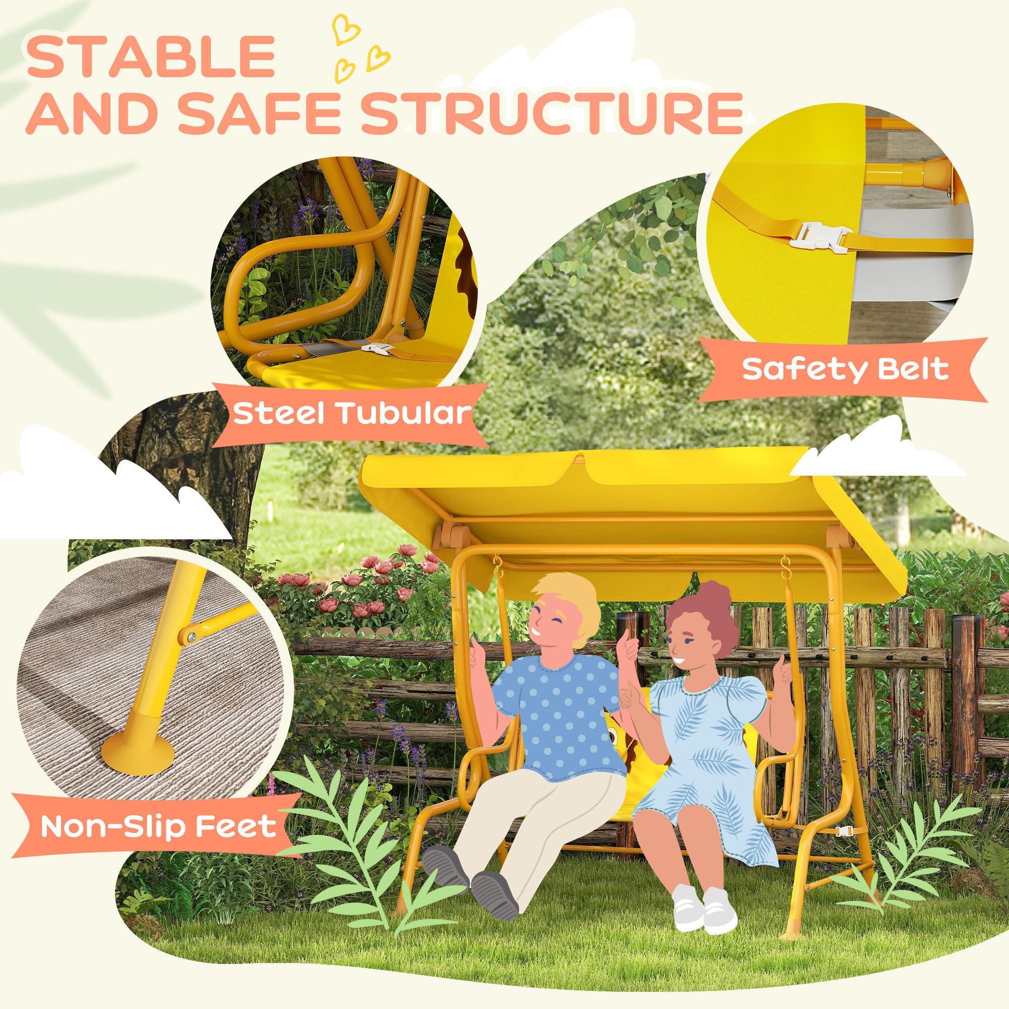 Qaba Kids Patio Swing Chair with Adjustable Canopy, Safety Belt for Patio, Garden, Poolside, Balcony, Yellow