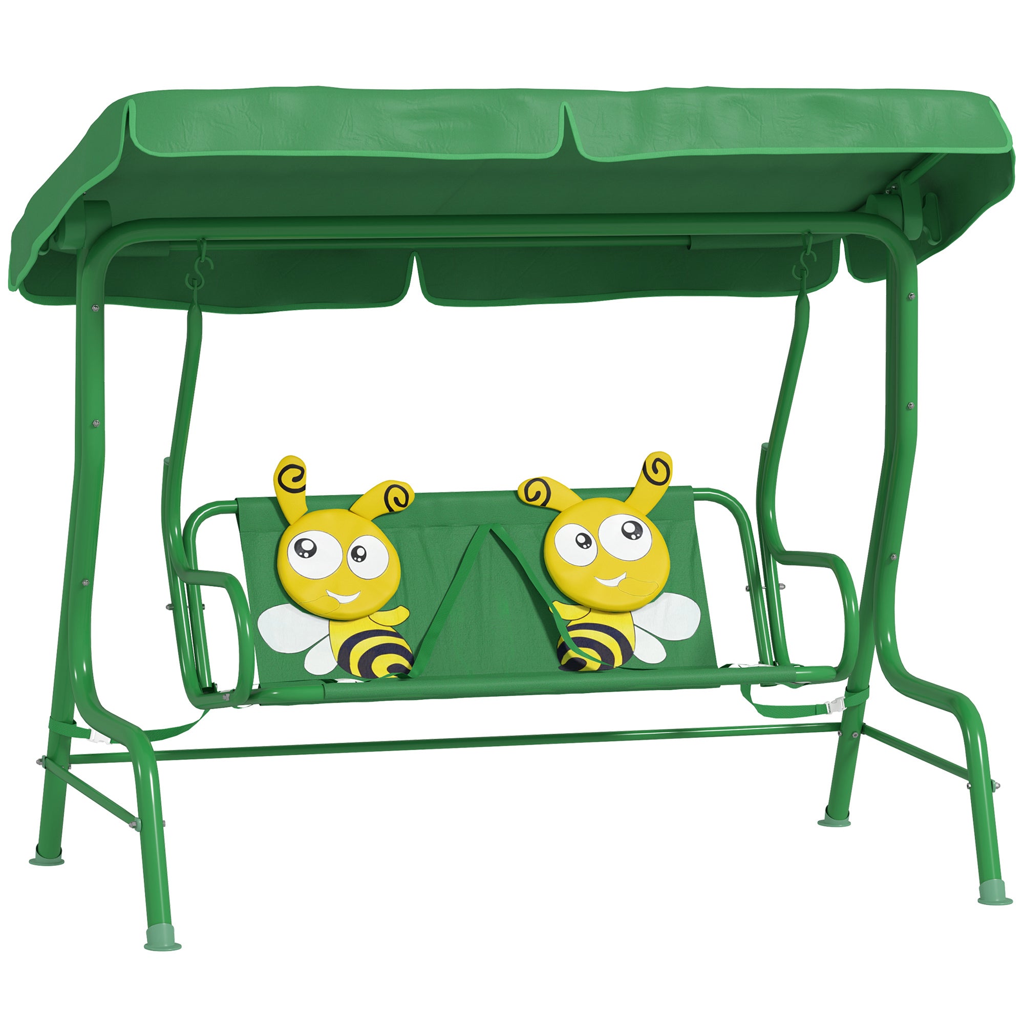 Qaba Kids Patio Swing Chair with Adjustable Canopy, Safety Belt for Patio, Garden, Poolside, Balcony, Dark Green
