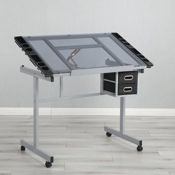 Adjustable Drafting Table Desk with 2 Fabric Drawers, 4 Locking Casters, Drawing Desk with Pencil Ledges, 40.5" L x 23.5" W x 31" H, Silver