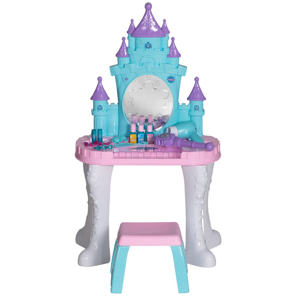 Qaba Kids Vanity Set with Mirror and Stool, Light, Music, Castle Design Makeup Table for Girls 3-6 Years, Multicolor