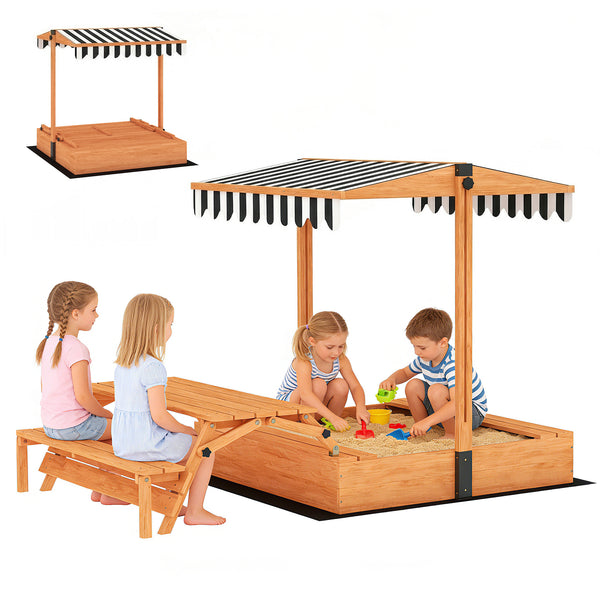 Qaba Kids Sandbox with Lid, Wooden Sand Pit with Canopy, Foldable Picnic Table, Bench Seats, Bottom Liner, Cover