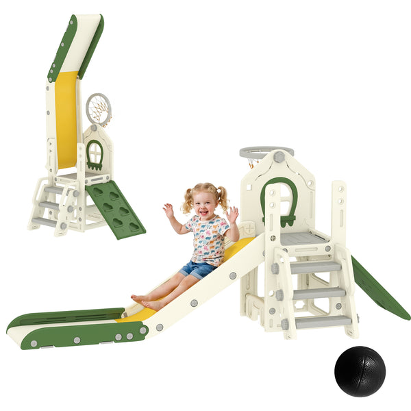 Qaba Foldable 5 in 1 Toddler Slide with Ladder, Climbing Wall, Basketball Hoop, Storage and Basketball for 1-3 Years