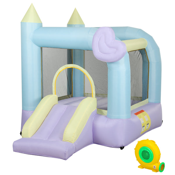 Qaba Inflatable Bounce House with Air Blower, Slide, Stakes, Repair Patches, Storage Bag, for Kids Ages 3-8, 98" x 65" x 79"
