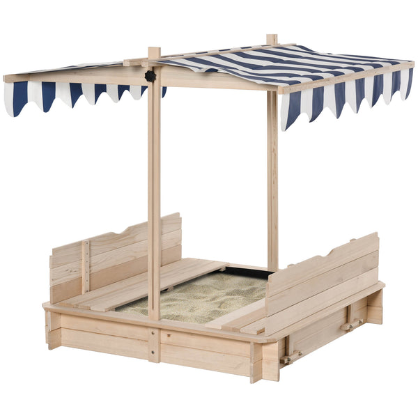 Outsunny Covered Sandbox, Wooden，with Cover Adjustable Canopy, Detachable Seats and Backrests, Kids Sandbox with Convertible Bench Seat, Bottom Liner, Natural
