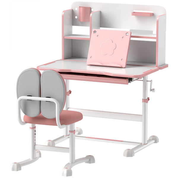 Qaba Height Adjustable Kids Desk and Chair Set for Writing Drawing w/ Tilt Desktop, Storage Drawer and Reading Rack