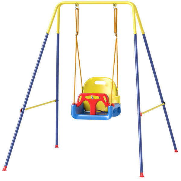 Qaba 3 in 1 Toddler Swing Set, Folding Child Swing Set with Seat Belt, Adjustable Seat for Outdoor Indoor