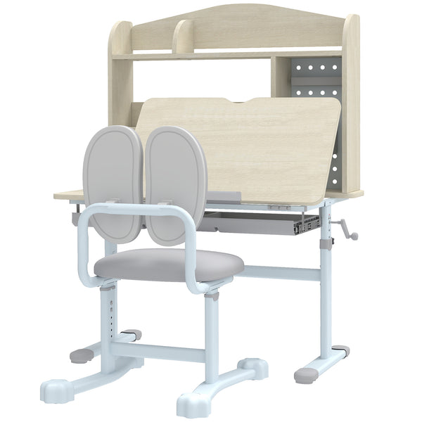 Qaba Kids Study Desk and Chair Set with Adjustable Height, Tiltable Desktop, Hutch and Drawer for Ages 3-12