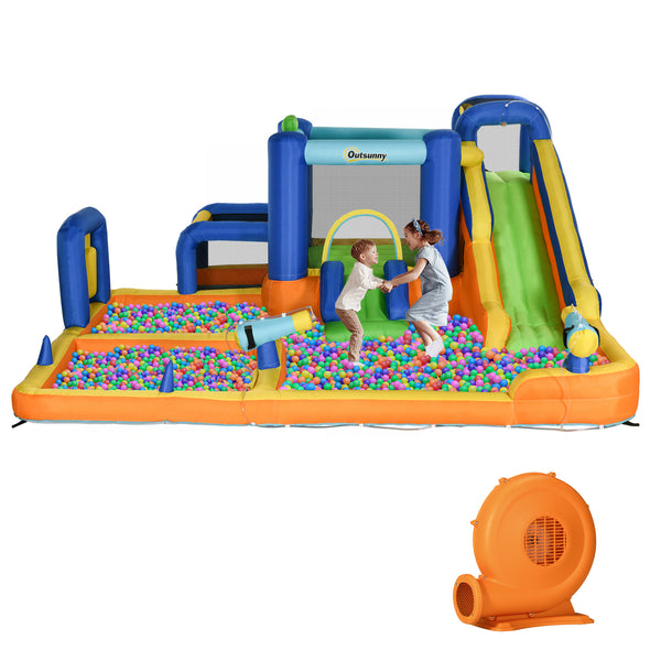 Outsunny 7 in 1 Water Slide w/ Slide Pool Climbing Wall Water Cannon Basketball Hoop Boxing Post Football Stand for 3-8 Years
