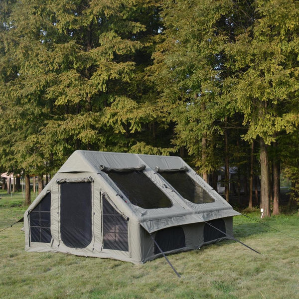 Inflatable Camping Tent with Hand Pump, Mesh and Chimney Window, Windproof Oxford Cabin Tent, 157.5" L x 118" W x 79" H, Army