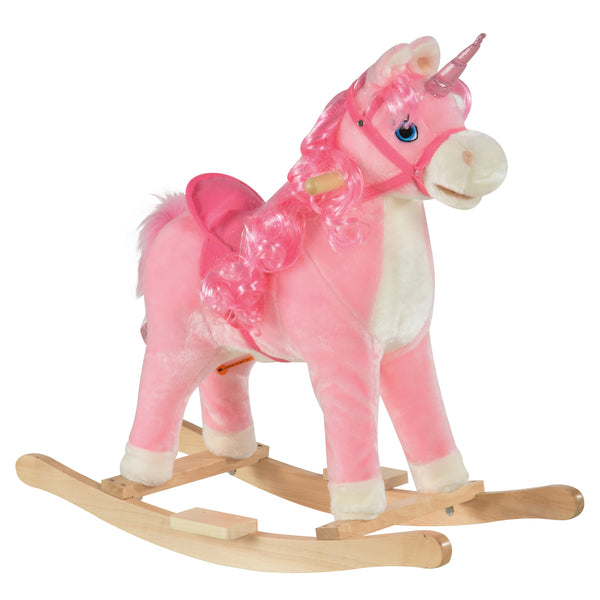 Qaba Kids Rocking Horse, Ride on Unicorn with Wooden Base, Tail Wag & Sounds for Toddlers 3-6 Years Old