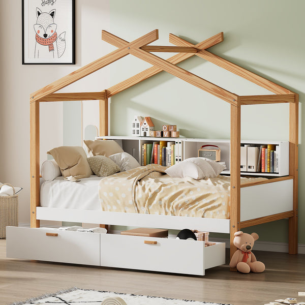 Twin Size Wooden House Bed with Two Drawers and Bookshelf Storage, Pinewood Frame, 80" x 40.5" x 67", White+