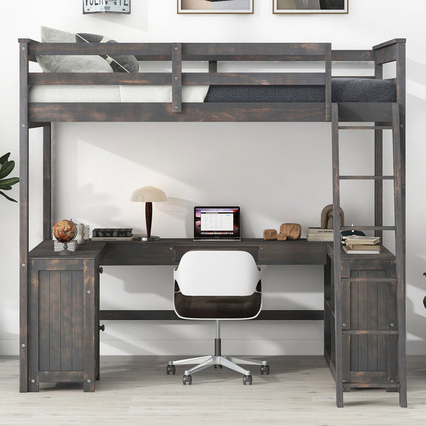 Full Size Loft Bed with U-shaped Desk, Drawers, Storage Shelves, and Sturdy Wood Frame, 77.5" L x 70" W x 75.5" H, Antique