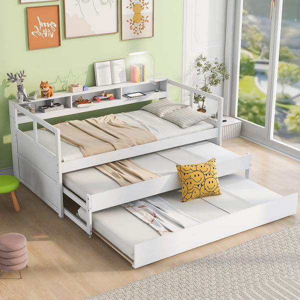 Twin XL Wood Daybed with 2 Trundles, 3 Storage Cubbies, USB Charging Design, and Free Light, 82" L x 129.5" W x 35.5" H