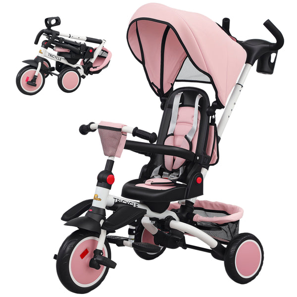 Qaba 6 in 1 Kids Tricycle with Adjustable Push Handle, Removable Canopy, Reversible Seat, for 1-5 Years