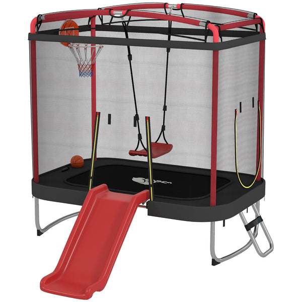 Qaba 4 x 6FT Trampoline for Kids Indoor & Outdoor with Slide, Swing, Basketball Hoop and Safety Enclosure
