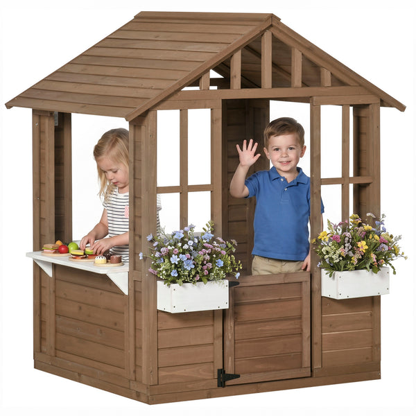 Outsunny Kids Wooden Playhouse, Outdoor Garden Games Cottage with Flowers Pot Holder, Working Door, Windows