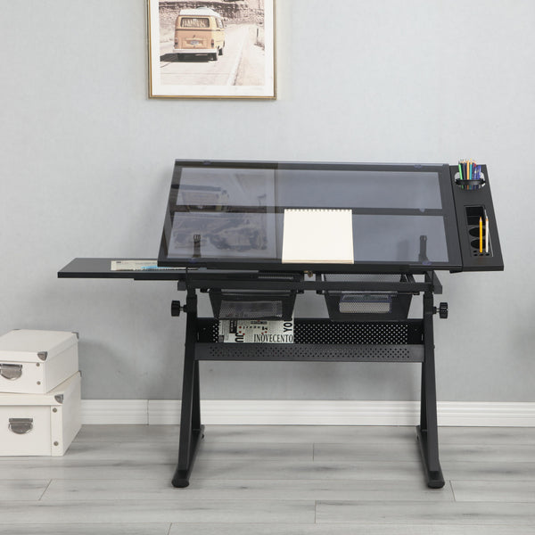 Adjustable Tempered Glass Drafting Table with 2 Large Metal Drawers and Stool, Desk with Side Storage Rails, 40" L x 23.5" W x 27.5" H